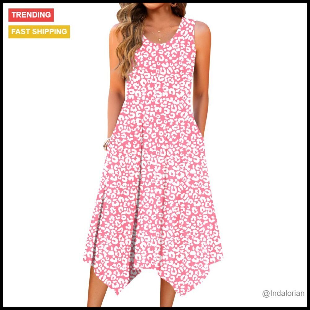 Flowy Midi Sundress with Pockets Loose Fit Bohemian Casual Summer Dress